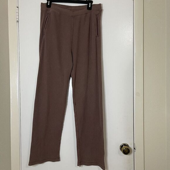 SKIMS Pants Waffle Knit thermal Straight Leg Loungewear Brown Zip Pockets XL - Picture 1 of 7